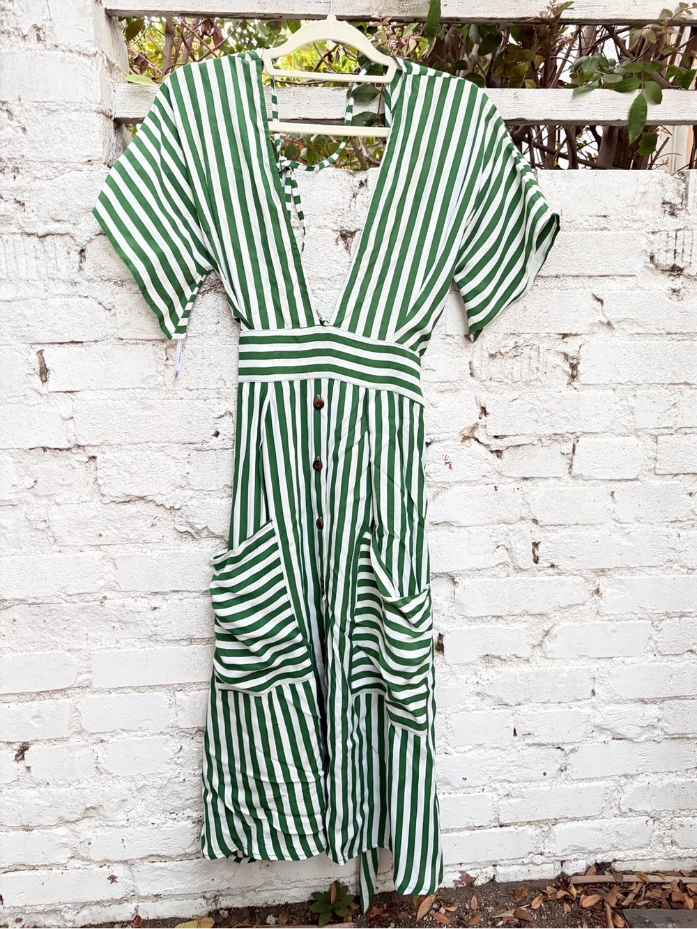 Faithfull the Brand Green and White Striped Deep V-Neck Midi Dress